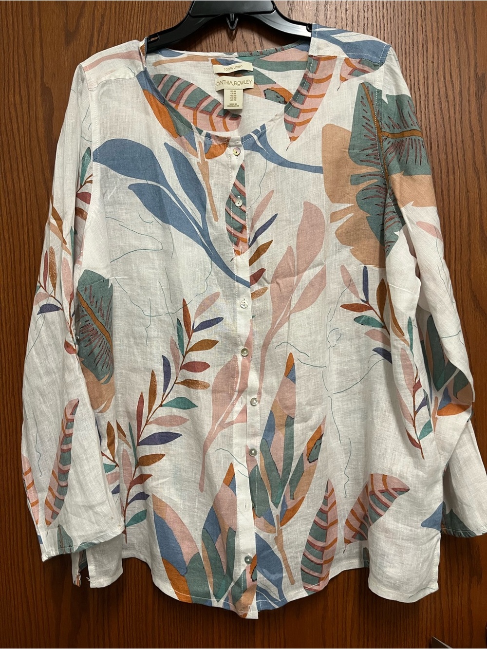 Cynthia Rowley 100% Linen Button-Front Botanical Print Blouse in 1x